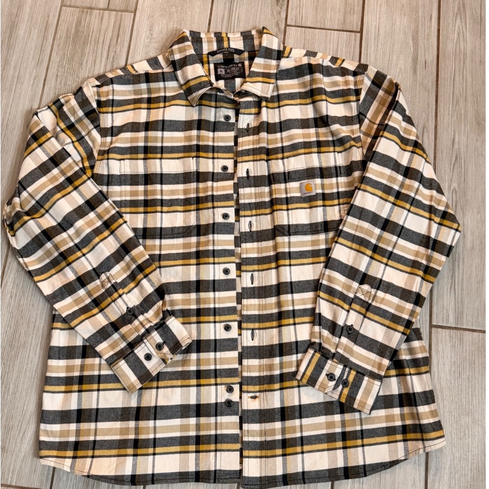 Carhartt Rugged Flex Plaid Shirt Mens XL Relaxed Fit Long Sleeve Tan Black